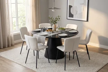 Siena spisegruppe rund 130 cm svart med 6 Katy spisestoler - Svart - Møbler - Bord - Spisegruppe