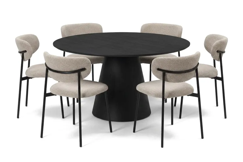Siena spisegruppe rund 130 cm svart med 6 Lucy spisestoler, Svart