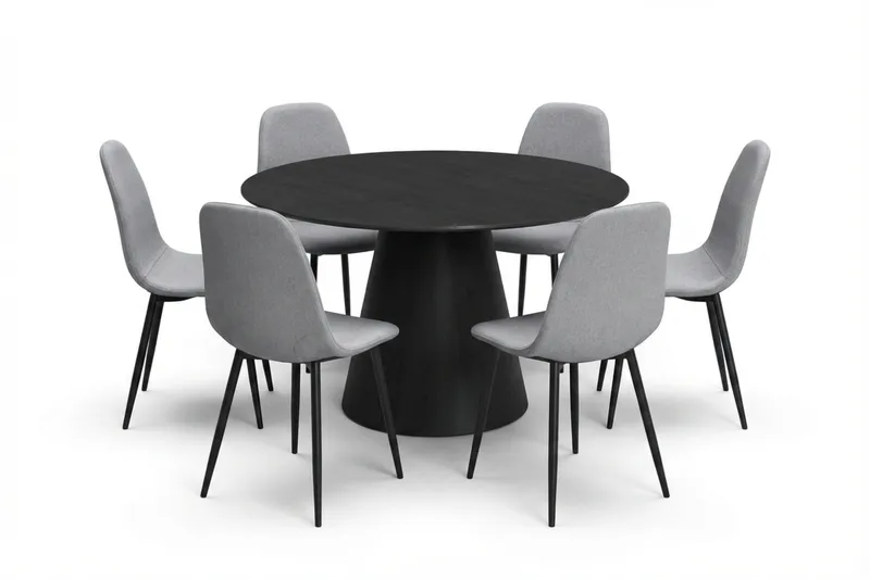 Siena spisegruppe rund 130 cm svart med 6 Nibe spisestoler, Svart