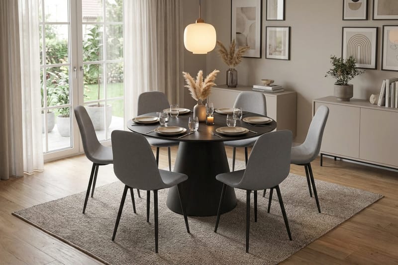 Siena spisegruppe rund 130 cm svart med 6 Nibe spisestoler - Svart - Møbler - Bord - Spisegruppe