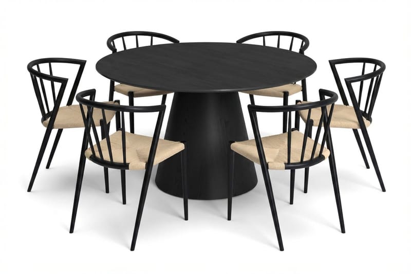 Siena spisegruppe rund 130 cm svart med 6 Winston spisestoler, Svart
