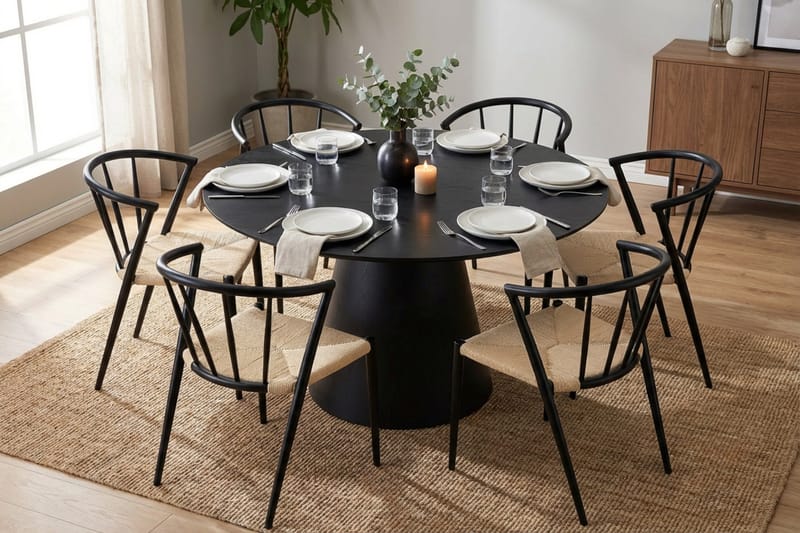 Siena spisegruppe rund 130 cm svart med 6 Winston spisestoler - Svart - Møbler - Bord - Spisegruppe