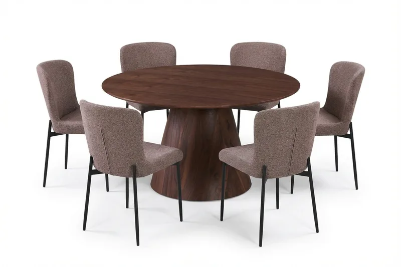 Siena Spisegruppe Rund 130 cm Valnøtt med 6 Elsie Spisestoler, Valnøtt/Grå