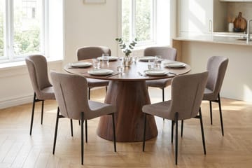 Siena Spisegruppe Rund 130 cm Valnøtt med 6 Elsie Spisestoler - Valnøtt/Grå - Møbler - Bord - Spisegruppe