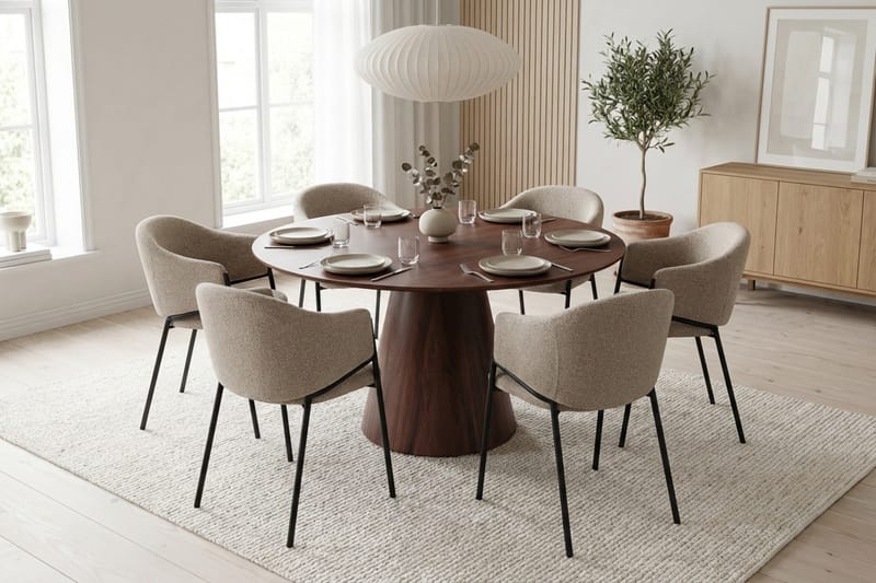Siena spisegruppe rund 130 cm valnøtt med 6 Filip spisestoler - Valnøtt - Møbler - Bord - Spisegruppe