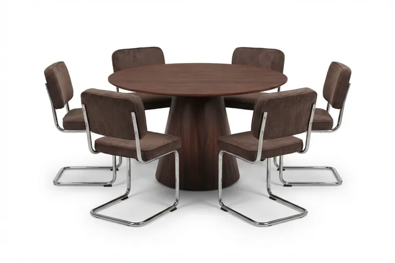 Siena spisegruppe rund 130 cm valnøtt med 6 Milva spisestoler, Valnøtt