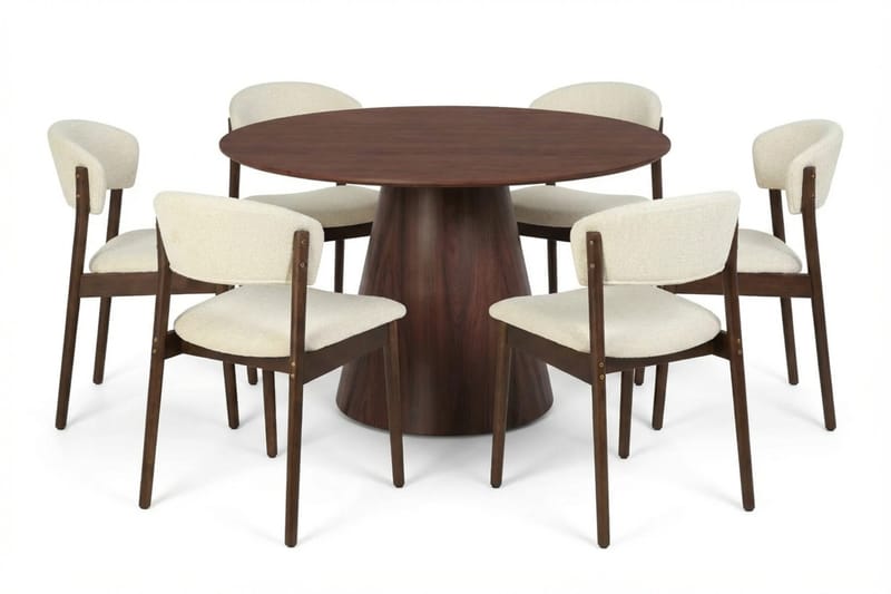 Siena spisegruppe rund 130 cm valnøtt med 6 Nala spisestoler, Valnøtt