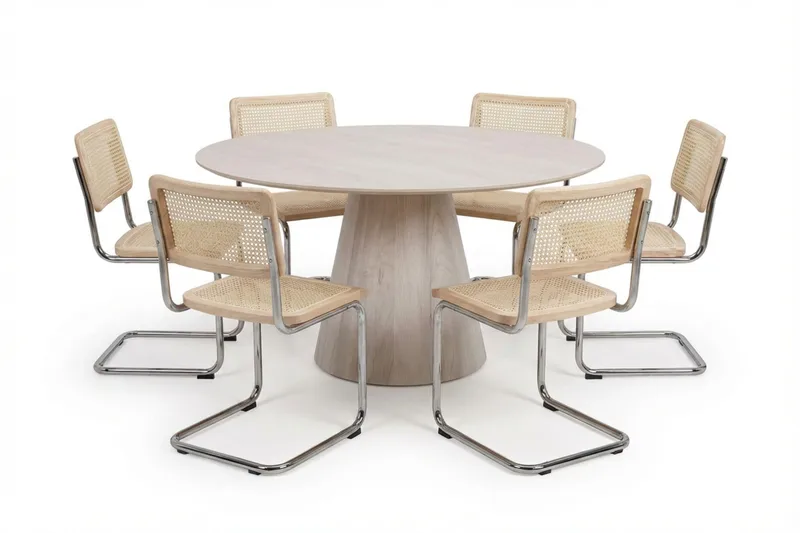 Siena spisegruppe rund 150 cm hvitlasert med 6 Build spisestoler, Hvitlasert/natur/krom