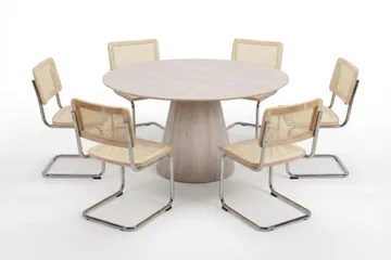 Siena spisegruppe rund 150 cm hvitlasert med 6 Build spisestoler - Hvitlasert/natur/krom - Møbler - Bord - Spisegruppe