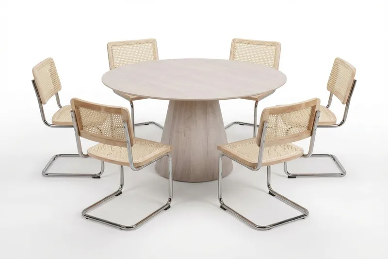 Siena spisegruppe rund 150 cm hvitlasert med 6 Build spisestoler, Hvitlasert/natur/krom