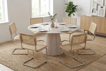 Siena spisegruppe rund 150 cm hvitlasert med 6 Build spisestoler - Hvitlasert/natur/krom - Møbler - Bord - Spisegruppe