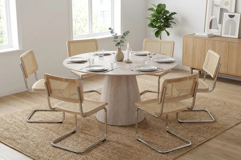 Siena spisegruppe rund 150 cm hvitlasert med 6 Build spisestoler - Hvitlasert/natur/krom - Møbler - Bord - Spisegruppe