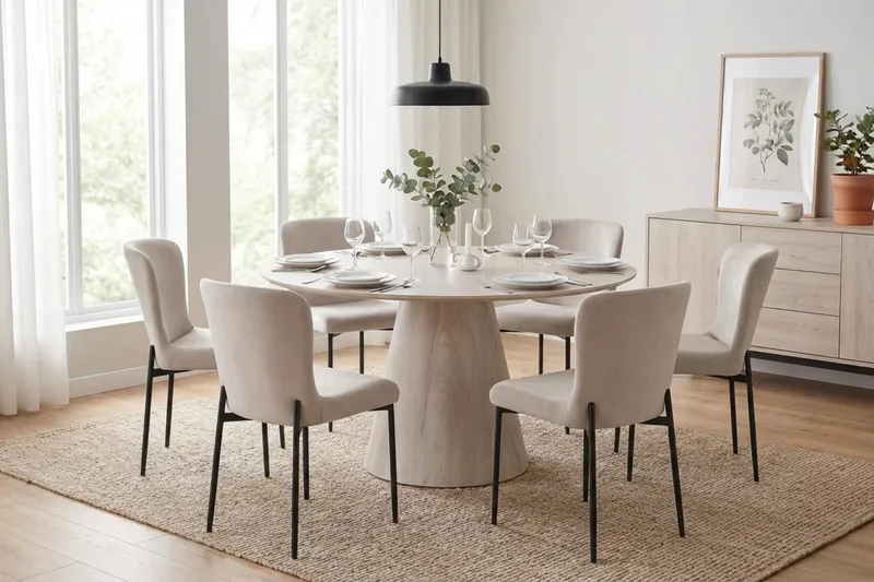 Siena spisegruppe rund 150 cm hvitlasert med 6 Elsie spisestoler - Hvitbeiset eik - Møbler - Bord - Spisegruppe