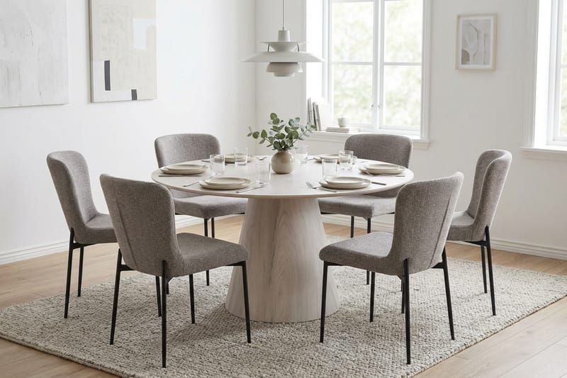 Siena spisegruppe rund 150 cm hvitlasert med 6 Elsie spisestoler - Hvitbeiset eik - Møbler - Bord - Spisegruppe