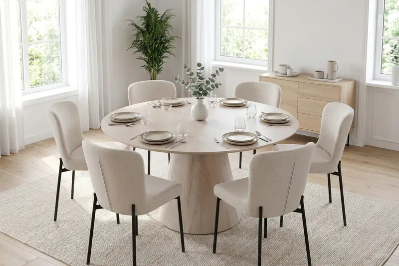 Siena spisegruppe rund 150 cm hvitlasert med 6 Elsie spisestoler - Hvitbeiset eik - Møbler - Bord - Spisegruppe
