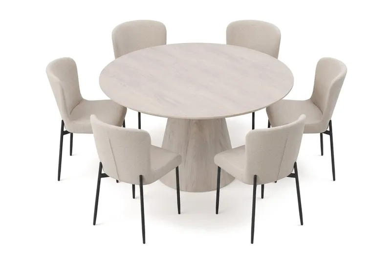 Siena spisegruppe rund 150 cm hvitlasert med 6 Elsie spisestoler - Hvitbeiset eik - Møbler - Bord - Spisegruppe