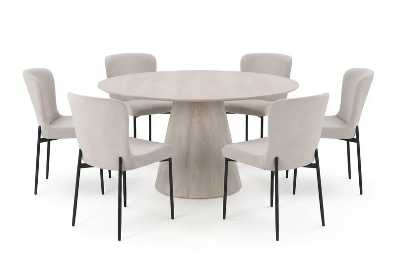 Siena spisegruppe rund 150 cm hvitlasert med 6 Elsie spisestoler, Hvitlasert/beige