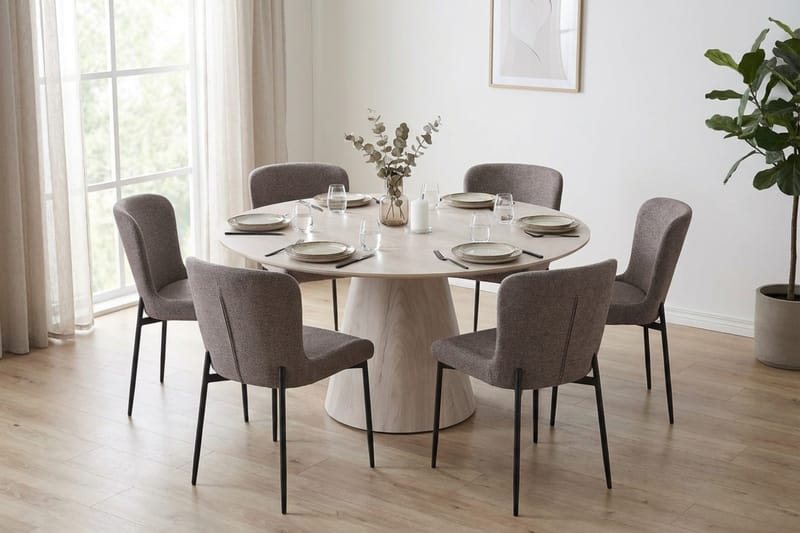 Siena spisegruppe rund 150 cm hvitlasert med 6 Elsie spisestoler - Hvitlasert/brun - Møbler - Bord - Spisegruppe