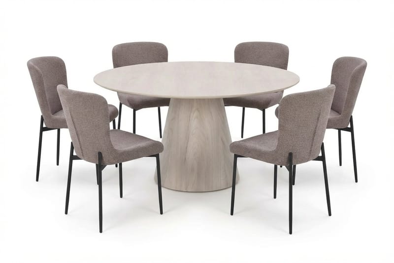 Siena spisegruppe rund 150 cm hvitlasert med 6 Elsie spisestoler, Hvitlasert/brun