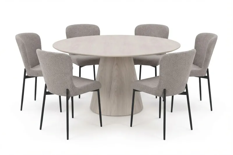 Siena spisegruppe rund 150 cm hvitlasert med 6 Elsie spisestoler, Hvitlasert/lysegrå