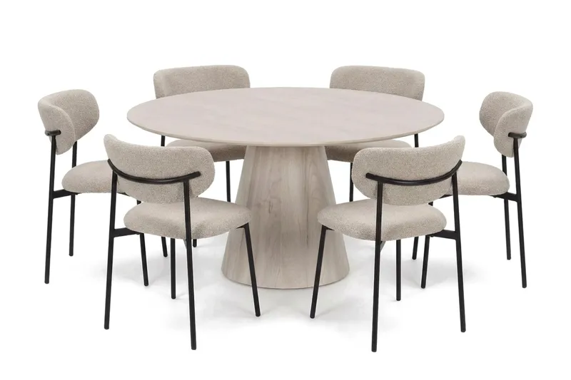 Siena spisegruppe rund 150 cm hvitlasert med 6 Lucy spisestoler, Hvitbeiset eik