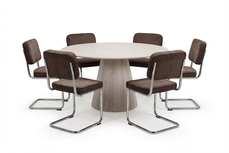 Siena spisegruppe rund 150 cm hvitlasert med 6 Milva spisestoler, Hvitlasert/Brun/krom