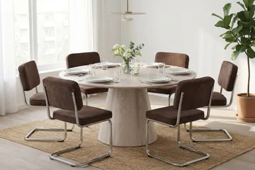 Siena spisegruppe rund 150 cm hvitlasert med 6 Milva spisestoler - Hvitlasert/Brun/krom - Møbler - Bord - Spisegruppe