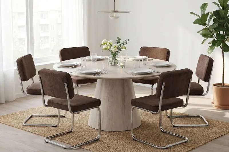 Siena spisegruppe rund 150 cm hvitlasert med 6 Milva spisestoler - Hvitlasert/Brun/krom - Møbler - Bord - Spisegruppe