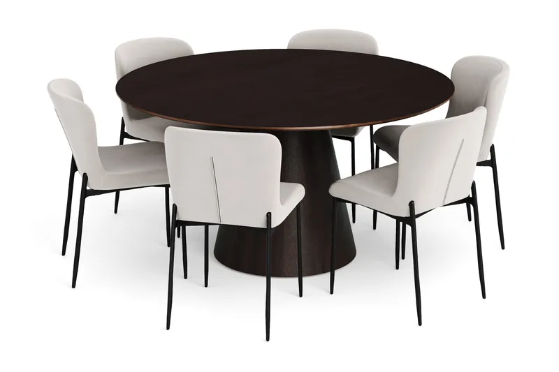 Siena spisegruppe rund 150 cm røkt eik med 6 Elsie spisestoler, Røkt eik/Beige