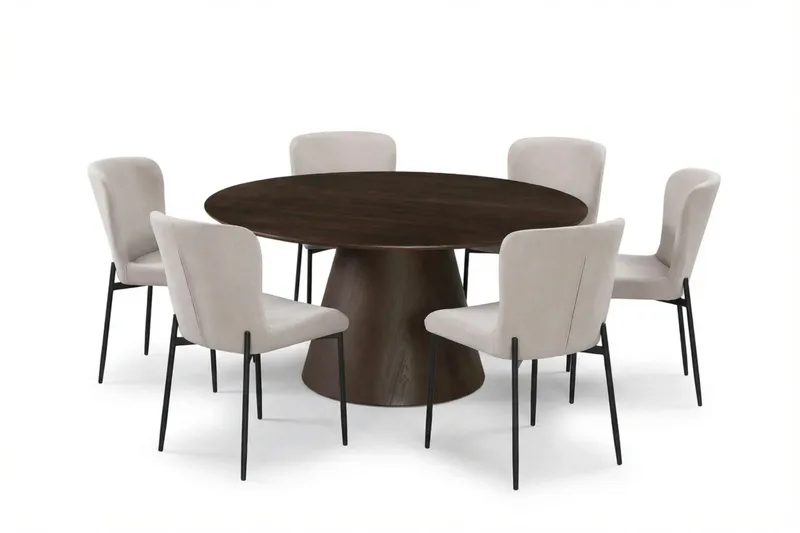 Siena spisegruppe rund 150 cm røkt eik med 6 Elsie spisestoler, Røkt eik/Beige