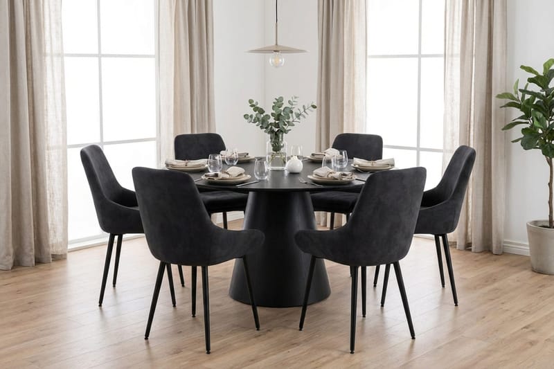 Siena Spisegruppe rund 150 cm Svart med 6 Alsarp spisestoler - Svart - Møbler - Bord - Spisegruppe