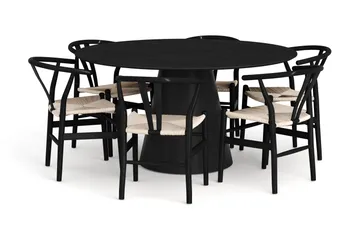 Siena Spisegruppe rund 150 cm Svart med 6 Dastoori spisestoler