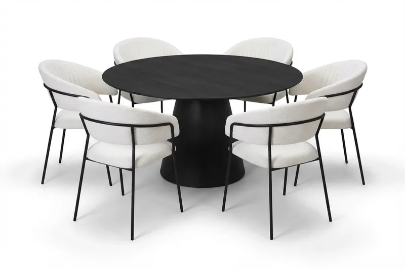 Siena spisegruppe rund 150 cm svart med 6 Karol spisestoler, Svart