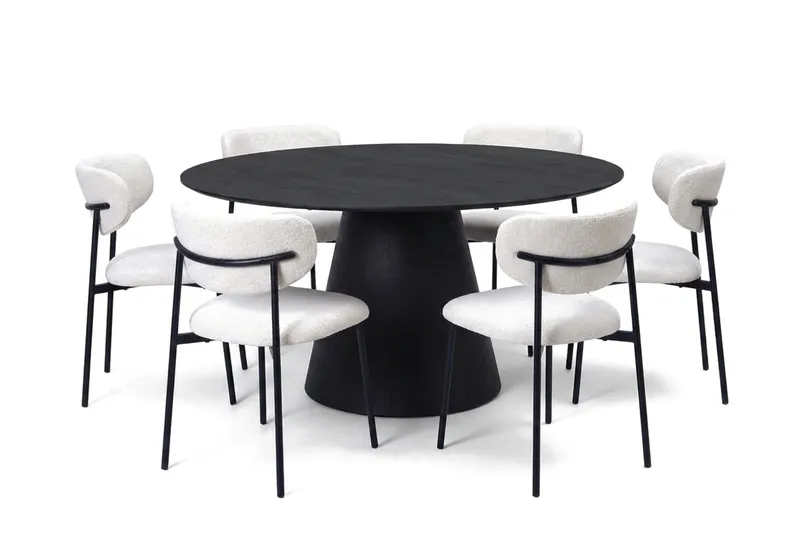 Siena spisegruppe rund 150 cm svart med 6 Lucy spisestoler, Svartbeiset eik