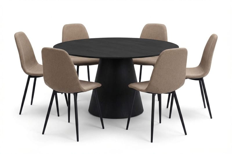 Siena spisegruppe rund 150 cm svart med 6 Nibe spisestoler, Svart