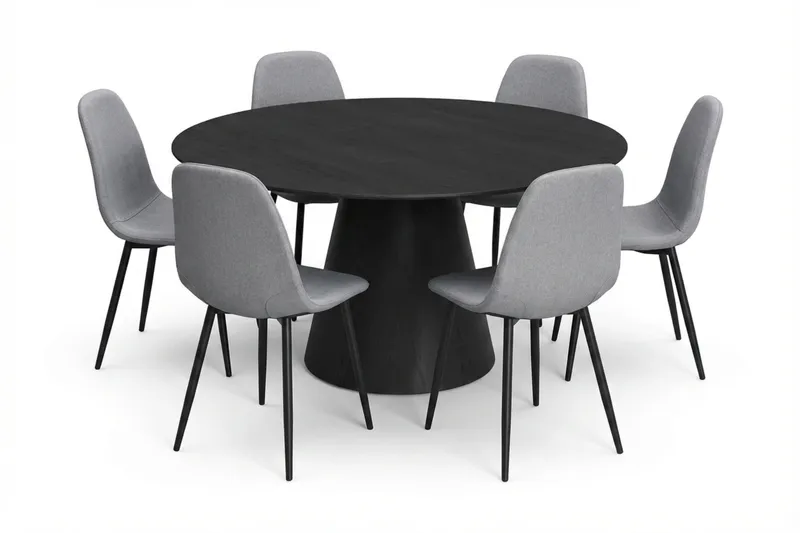 Siena spisegruppe rund 150 cm svart med 6 Nibe spisestoler - Svart - Møbler - Bord - Spisegruppe