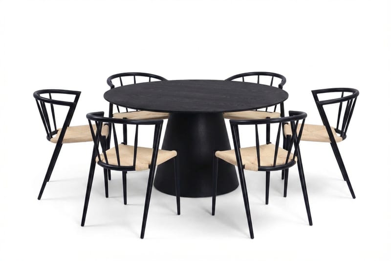 Siena Spisegruppe rund 150 cm Svart med 6 Winston spisestoler, Svart
