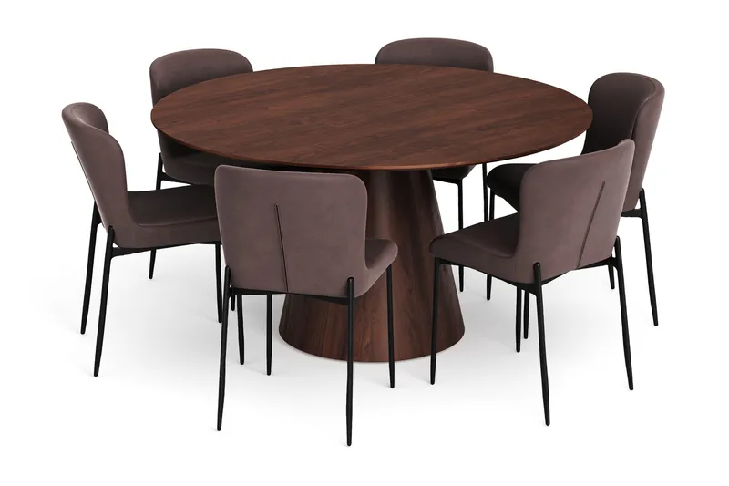 Siena spisegruppe rund 150 cm valnøtt med 6 Elsie spisestoler, Valnøtt/Brun