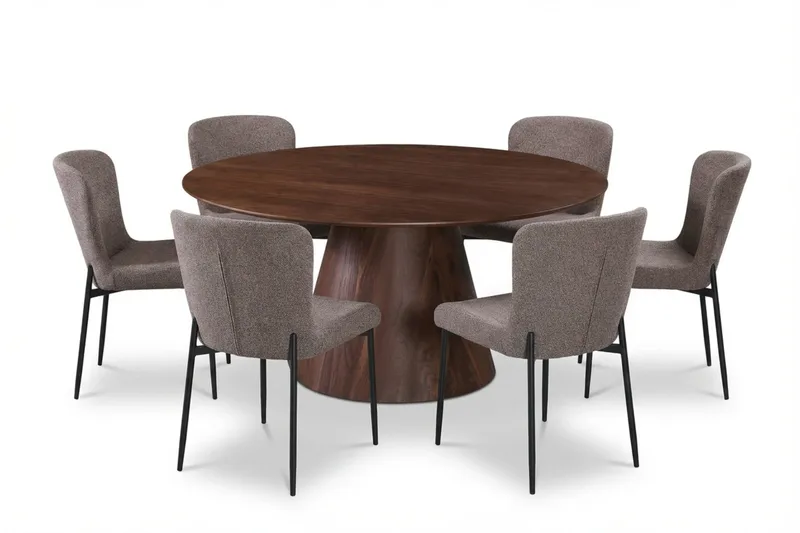 Siena Spisegruppe Rund 150 cm Valnøtt med 6 Elsie Spisestoler, Valnøtt/Grå