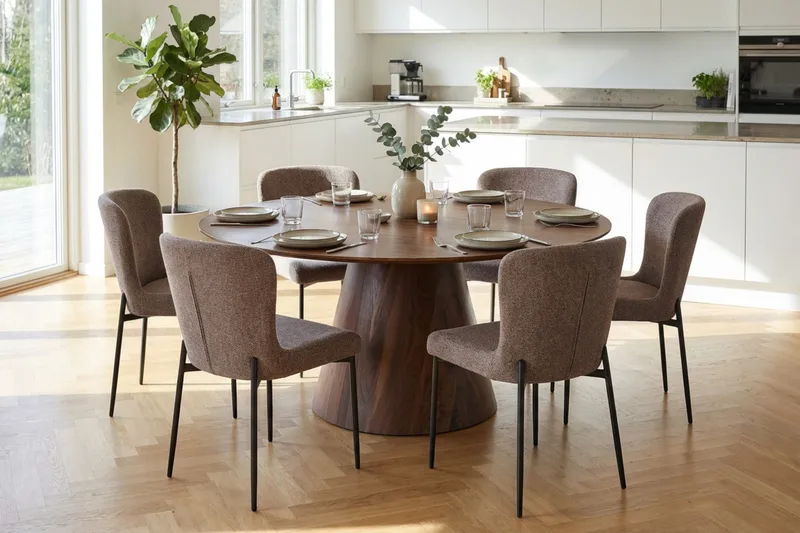 Siena Spisegruppe Rund 150 cm Valnøtt med 6 Elsie Spisestoler - Valnøtt/Grå - Møbler - Bord - Spisegruppe