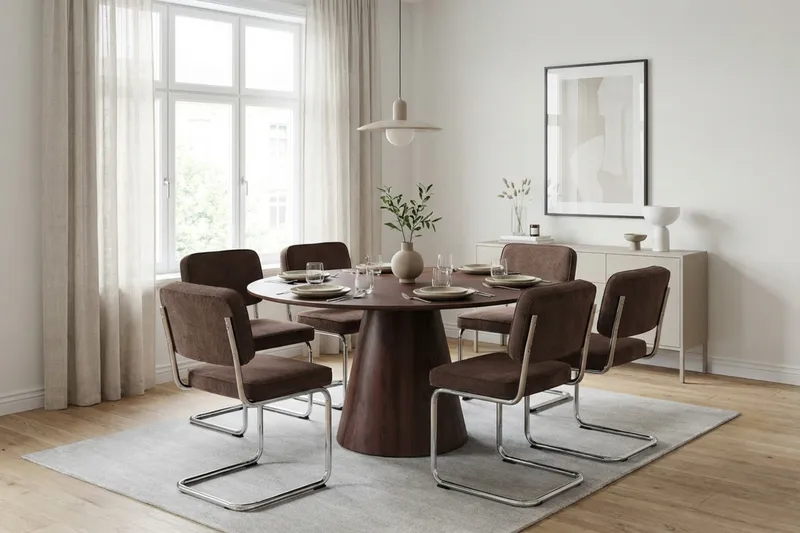 Siena spisegruppe rund 150 cm valnøtt med 6 Milva spisestoler - Valnøtt - Møbler - Bord - Spisegruppe