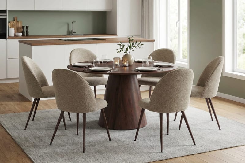 Siena spisegruppe rund 150 cm valnøtt med 6 Nibe Plus spisestoler - Valnøtt - Møbler - Bord - Spisegruppe