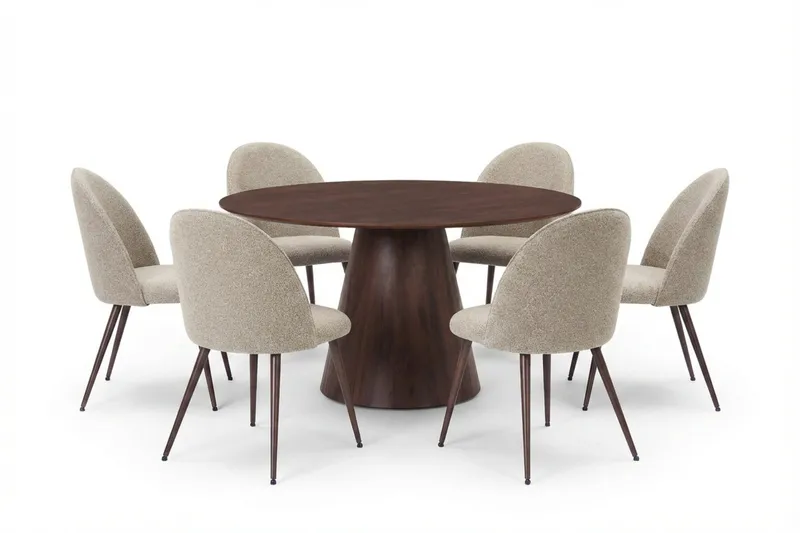 Siena spisegruppe rund 150 cm valnøtt med 6 Nibe Plus spisestoler, Valnøtt