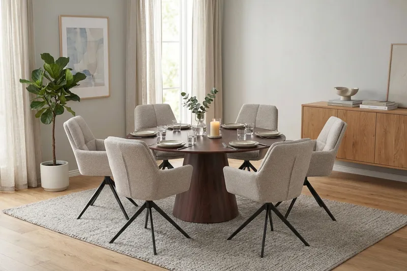 Siena Spisegruppe rund 150 cm Valnøtt med 6 Torsby spisestoler - Valnøtt - Møbler - Bord - Spisegruppe