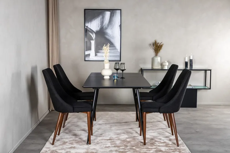 Silar Rektangulær Spisegruppe 120-160 cm med 4 Leone Spisestoler, svart