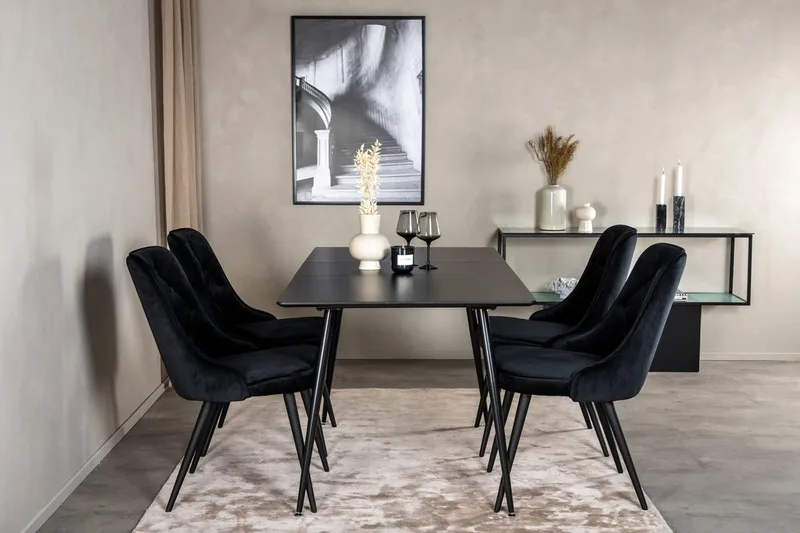 Silar Rektangulær Spisegruppe 120-160 cm med 4 Velvet Deluxe Spisestoler, svart