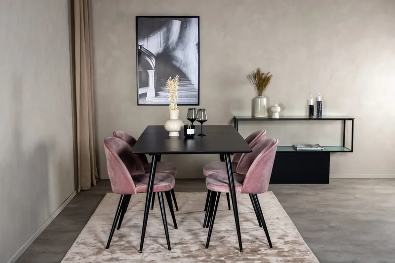 Silar Rektangulær Spisegruppe 120-160 cm med 4 Velvet Spisestoler, gammelrosa