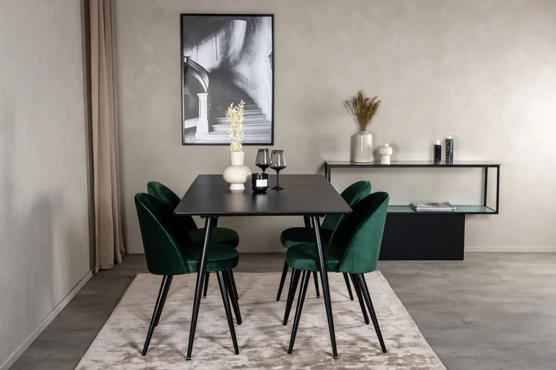 Silar Rektangulær Spisegruppe 120-160 cm med 4 Velvet Spisestoler, grønn