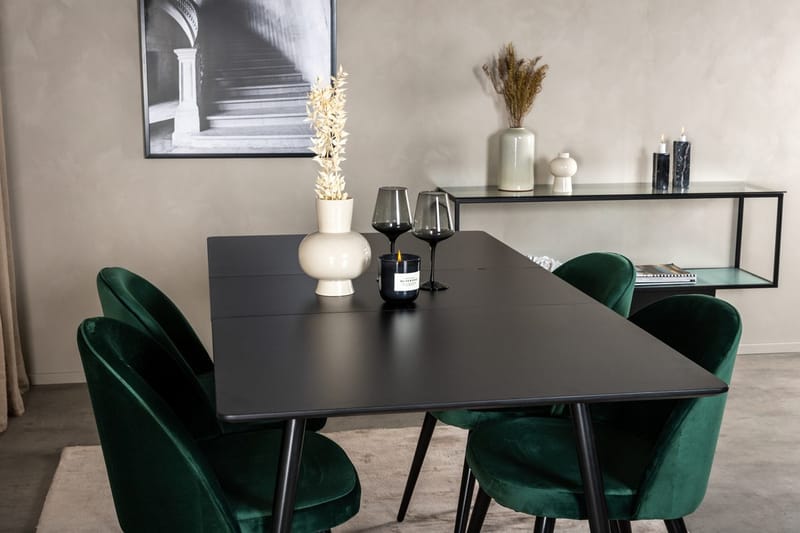 Silar Rektangulær Spisegruppe 120-160 cm med 4 Velvet Spisestoler - grønn - Møbler - Bord - Spisegruppe