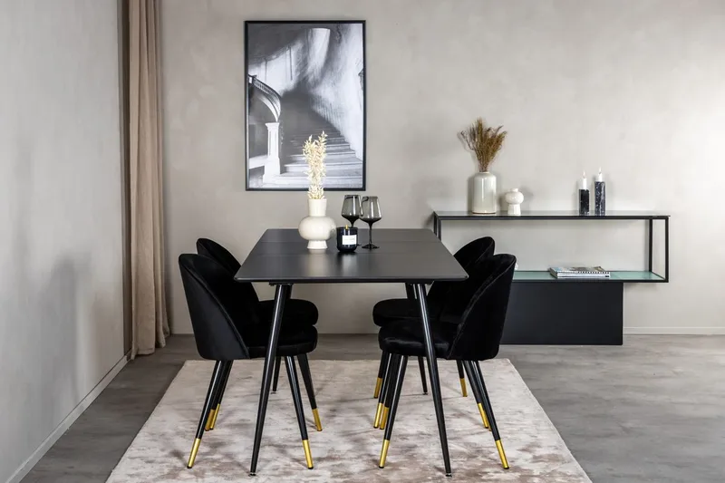 Silar Rektangulær Spisegruppe 120-160 cm med 4 Velvet Spisestoler, svart